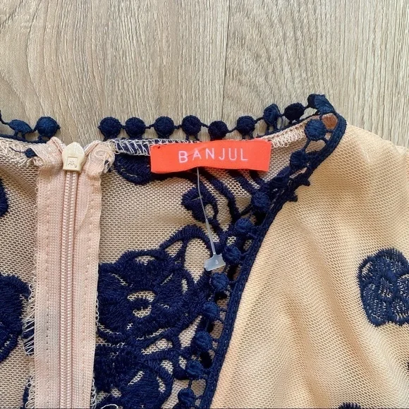 BANJUL Nude & Navy Blue Long Sleeve Romper Tattoo Lace Floral Mesh - Picture 3 of 10